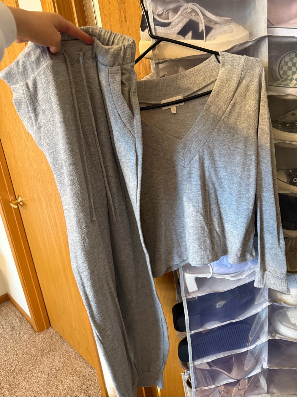 bohme Gray Knit V-Neck Sweater and Drawstring Lounge Pants Set